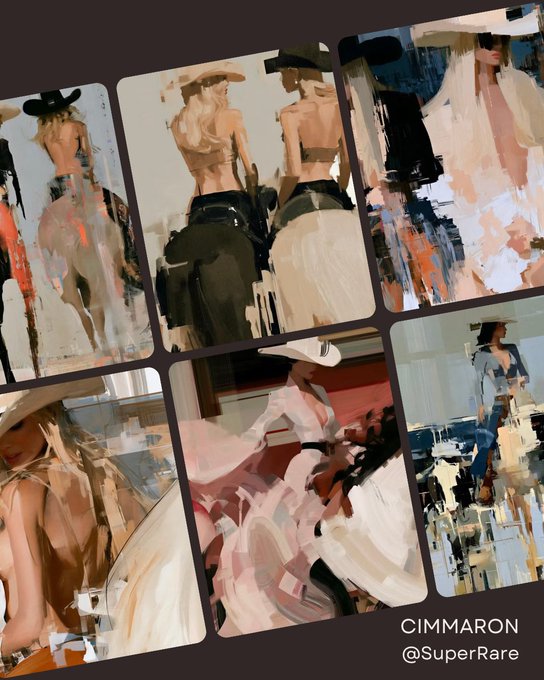 A collage of impressionistic digital paintings depicting women in cowboy hats and western attire, with text reading 'CIMMARON' and '@SuperRare' in the corner.