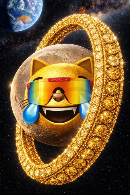 The image features the $MOG meme coin mascot—a golden cat with rainbow sunglasses and fanged grin—depicted as a moon surrounded by a diamond-encrusted ring, floating in space with Earth in the background, fittingly illustrating the "moon soon" post referencing the token's anticipated price surge.