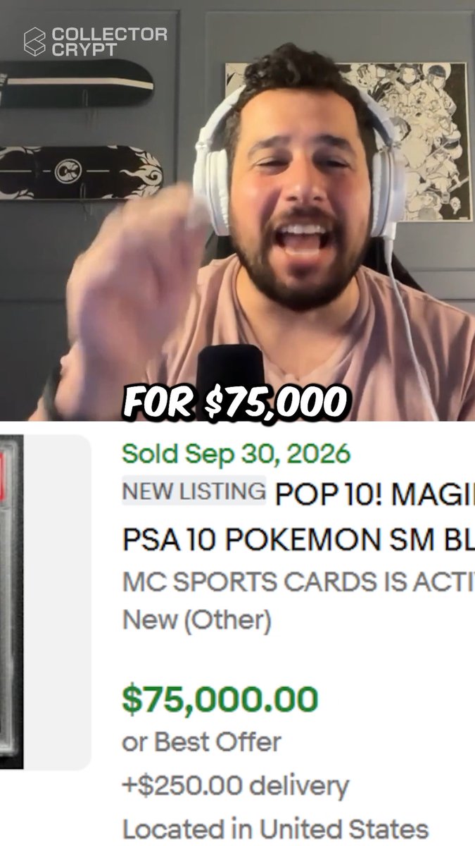 A thumbnail-style image featuring a YouTuber from 'COLLECTOR CRYPT' reacting excitedly above an eBay listing that shows a PSA 10 Pokemon card sold for $75,000.00 on Sep 30, 2026.