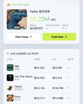 A Pump.fun "Top Bounties" card highlights $FEFER at a $9.23M market cap (priced at $0.009231), while the live market activity feed shows coin 988 priced at $0.534 with a $53.50k market cap—matching the Stable Mainnet Chain ID (988) referenced in the post's bridging instructions for trading $FEFER.