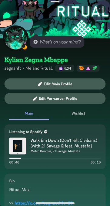 A Ritual social media profile page displays the username 'Kylian Zegna Mbappe' with a Spotify integration showing 'Walk Em Down' by Metro Boomin, 21 Savage, and Mustafa playing.