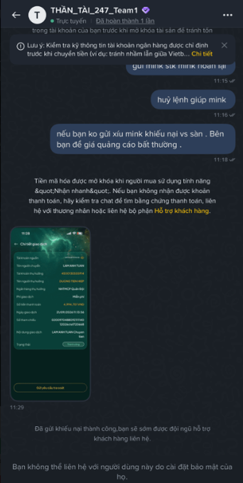 A Telegram chat screenshot in Vietnamese from 'THAN_TAI_247_Team1' warning users about a scam involving a Trading Bot tournament, showing bot details and a QR code.