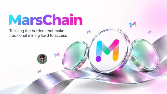A promotional graphic for 'MarsChain' featuring the tagline 'Tackling the barriers that make traditional mining hard to access' alongside colorful 3D 'M' logos.