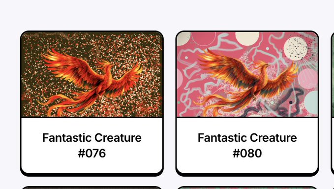 Two digital trading cards labeled 'Fantastic Creature' #076 (with a dark sparkly background) and #080 (with a pink abstract background), both featuring an illustration of a fiery phoenix-like bird.