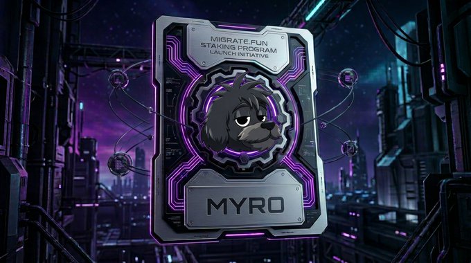 A digital trading card featuring a cartoon dog with text 'MIGRATE.FUN STAKING PROGRAM LAUNCH INITIATIVE' and 'MYRO' on a futuristic city background.