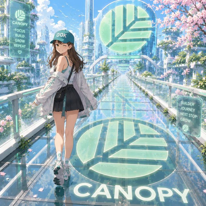 An anime-style illustration of a young woman wearing a white jacket with 'CANOPY' written on it and a 'DDK' cap, walking on a glass walkway in a futuristic city, surrounded by cherry blossoms and CANOPY branded signage.