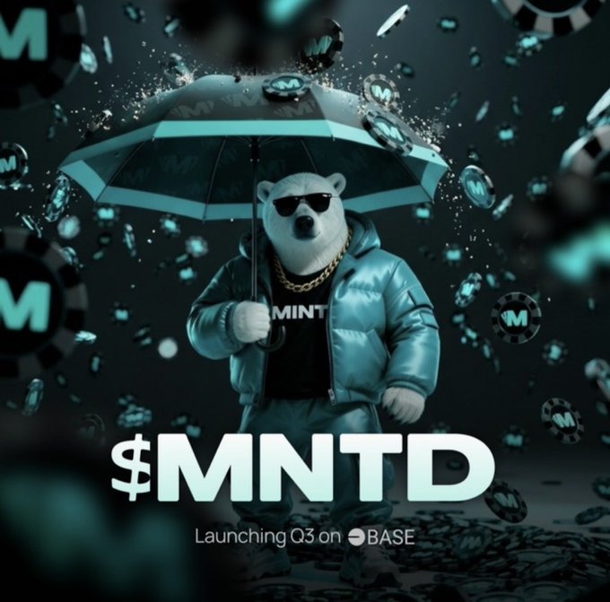 A promotional image for the '$MNTD' token featuring a 3D-rendered polar bear wearing sunglasses, a gold chain, and a puffer jacket, holding an umbrella while surrounded by floating chips, with text stating 'Launching Q3 on BASE'.