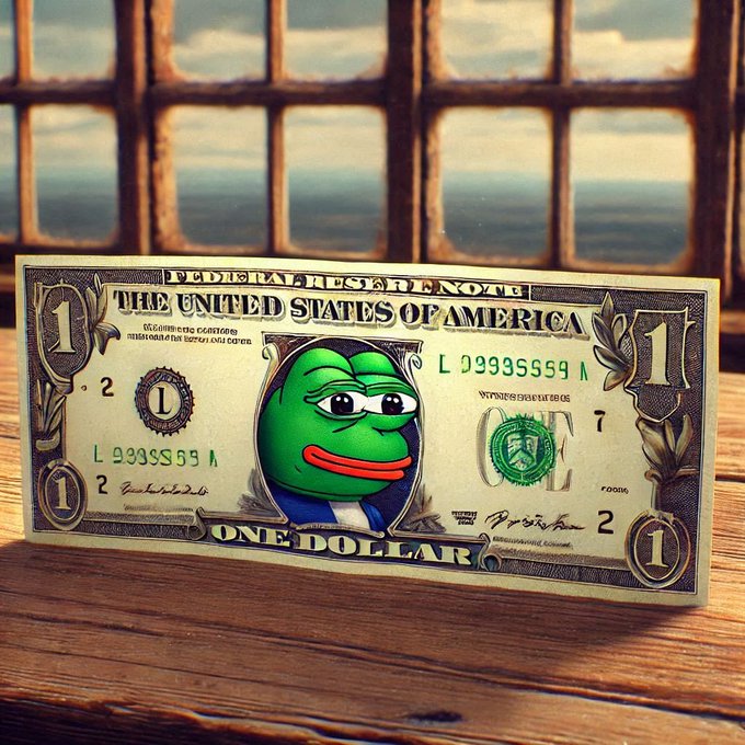 A digital art rendering shows a US one dollar bill with the portrait replaced by a green Pepe the Frog character, sitting on a wooden surface with a window behind it.