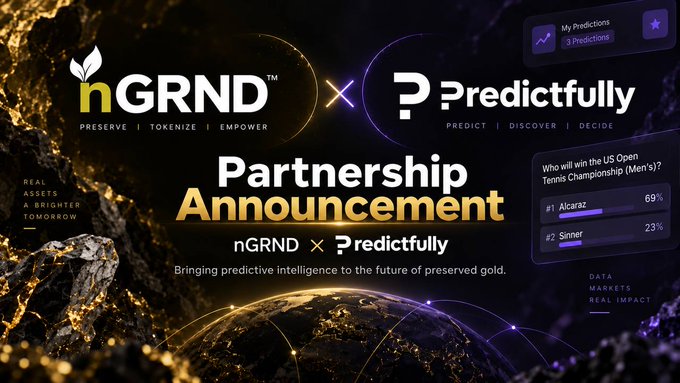 A partnership announcement graphic between nGRND ("Preserve | Tokenize | Empower") and Predictfully ("Predict | Discover | Decide"), featuring a screenshot of a prediction for the US Open Tennis Championship (Men's) showing Alcaraz at 69% and Sinner at 23%, with the tagline "Bringing predictive intelligence to the future of preserved gold."