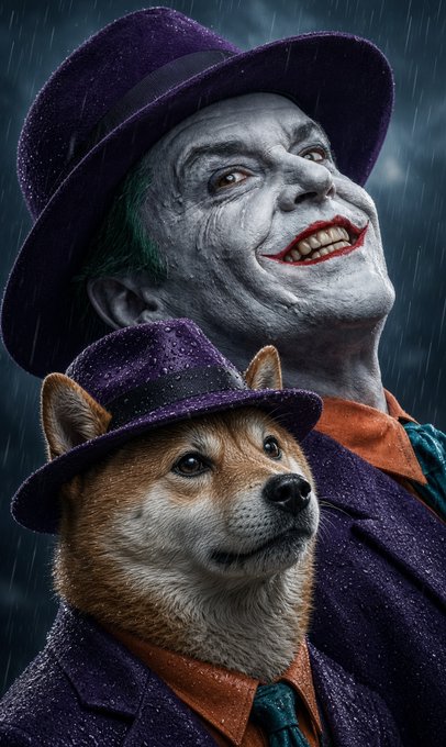 A digital artwork featuring the Joker character from Batman with green hair and a purple hat, with a Shiba Inu dog dressed similarly in the foreground.