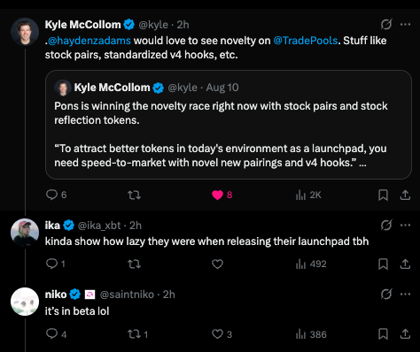 The image shows a Twitter/X thread where Kyle McCollom (@kyle) suggests adding novelty features like stock pairs to @Trade.Pools, followed by a quoted tweet about Pons winning with novel features. The accompanying post references "buying some $frong here," relating to the thread's discussion about adding new token pairings and launchpad features to drive interest in crypto projects.