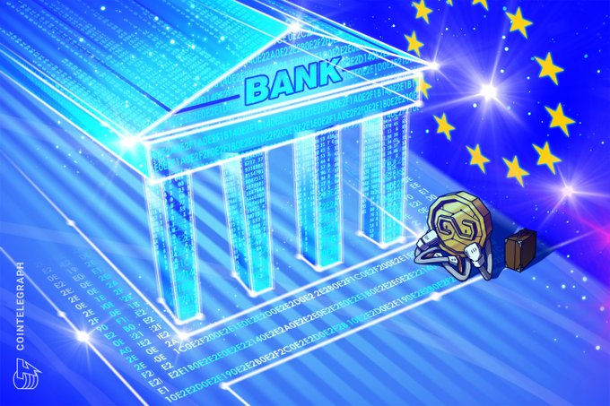 A Cointelegraph illustration depicting a glowing Greek-style bank building with the EU flag stars in the background and a cryptocurrency coin character holding a briefcase, with 'COINTELEGRAPH' watermark visible.