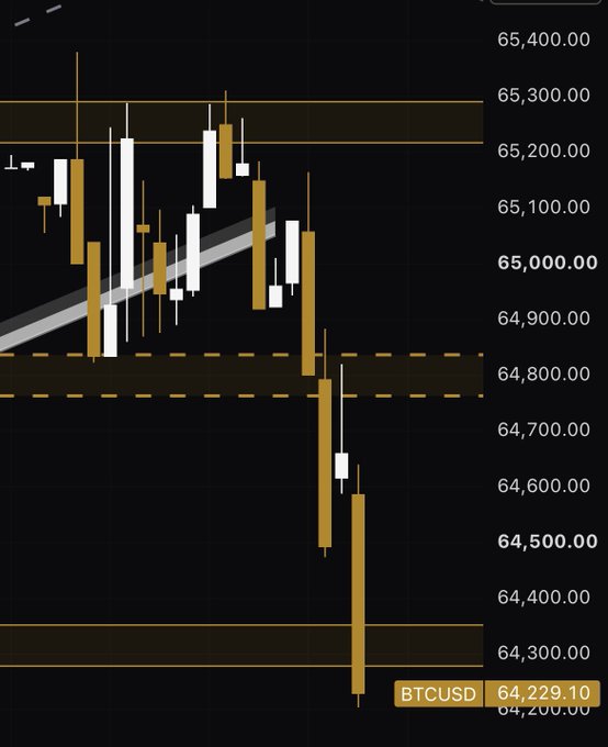 A BTCUSD candlestick chart on TradingView displays a sharp bearish breakdown, with Bitcoin falling from above $65,000 into the $64,229.10 zone, hitting the highlighted $64,300 support area after losing the $64,800 level—visually confirming the bearish scenario described in the post.