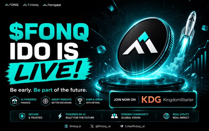 An advertisement announces that the '$FONQ IDO IS LIVE!' with a coin launching on a pedestal and listing features like 'AI-Powered Finance' and 'Strong Community', directing users to KDG KingdomStarter.