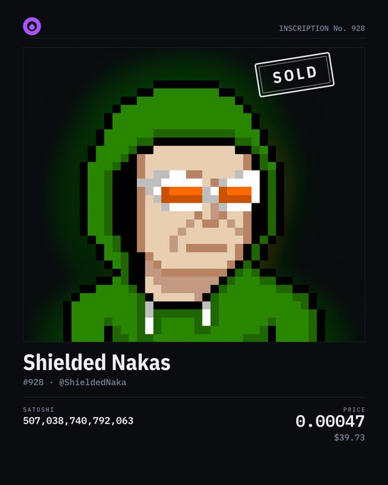 A pixel art NFT profile titled 'Shielded Nakas' (#928) by @ShieldedNaka, marked SOLD at 0.00047 ($39.73).