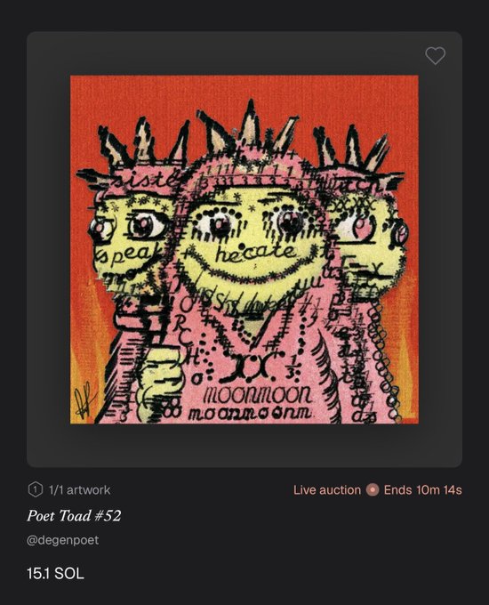 An NFT marketplace listing displays a pink-toned artwork titled 'Poet Toad #52' by @degenpoet, with text fragments like 'speak', 'hecate', and 'moonmoon', currently bidding at 1.51 SOL with 10m 14s remaining.