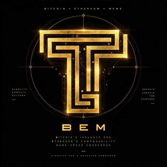 A gold and black graphic advertises 'BEM' with text reading 'BITCOIN x ETHEREUM x MEME' and 'BITCOIN'S ISSUANCE DNA, ETHEREUM'S COMPOSABILITY, MEME-SPEED CONSENSUS'.
