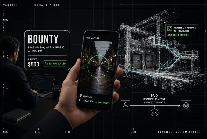 A digital graphic showing the Vangrid platform's 'Demand First' data bounty system, featuring a phone displaying a live capture of a warehouse in Jakarta, Indonesia, with a $500 funded bounty, verified capture hash #a7f3b2c9d4e1 anchored onchain, and a payment flow showing USDC being paid to users for data.