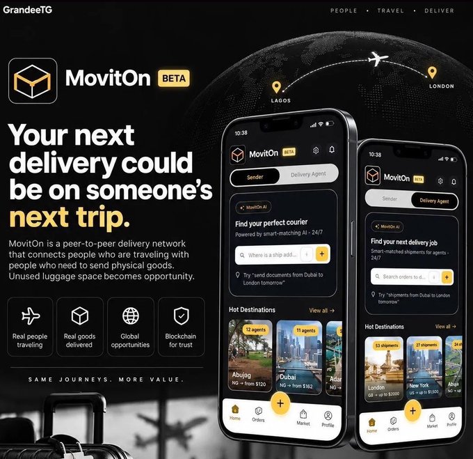 A promotional landing page for 'MovitOn BETA' by GrandeeTG, advertising a peer-to-peer delivery network with the tagline 'Your next delivery could be on someone's next trip,' showing two mobile app interfaces for senders and delivery agents.