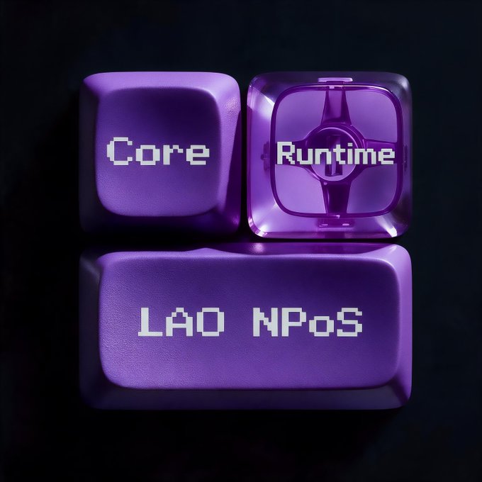 A close-up of three purple keyboard keycaps with pixel-style text reading "Core," "Runtime," and "LAO NPOS."