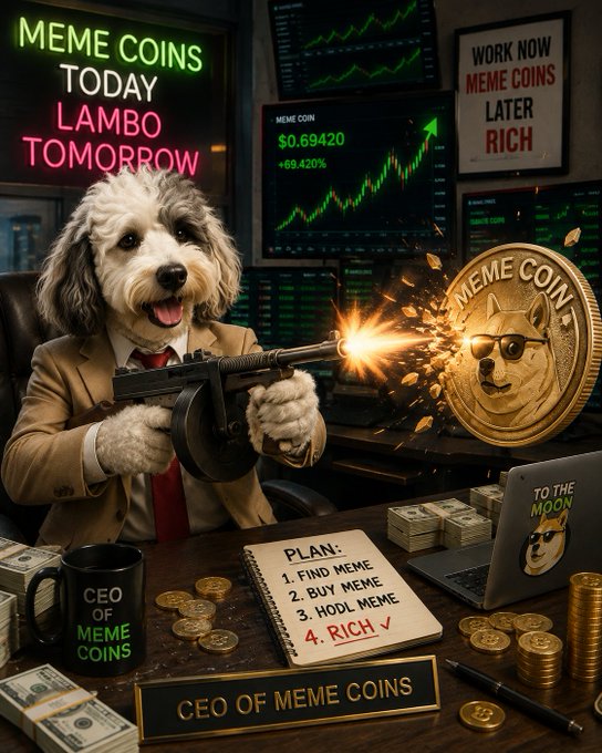 A meme-style image of a dog in a suit firing a machine gun at a Dogecoin, surrounded by trading charts and text like "MEME COINS TODAY LAMBO TOMORROW" and a "CEO OF MEME COINS" plaque.