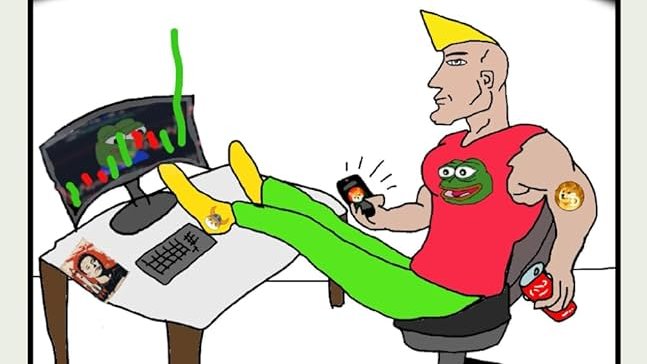A cartoon illustration shows a man with yellow hair and a red shirt with a Pepe the Frog patch, sitting at a desk with his feet up while using a smartphone.