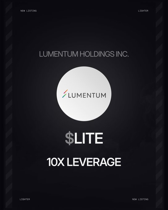 The image features a black background with white text that reads "New RWA Perp Listing! You can now trade $LITE with up to 10x leverage". The text is positioned at the bottom of the image, making it easily readable for viewers.