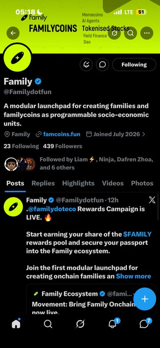 A screenshot of an X (Twitter) profile for "Family" (@Familydotfun), a verified account described as "A modular launchpad for creating families and familycoins as programmable socio-economic units," displaying a recent post about a "Rewards Campaign" for the $FAMILY token.