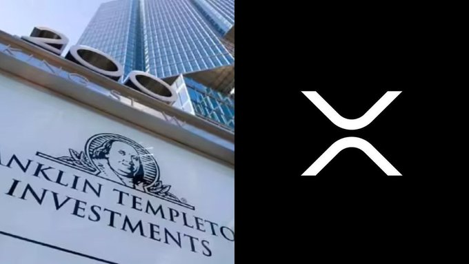 A split image displays a Franklin Templeton Investments sign beneath towering skyscrapers alongside the distinctive white "X" XRP logo on a black background, visually reinforcing the financial giant's commitment to utilizing XRP as a practical asset rather than a speculative one.