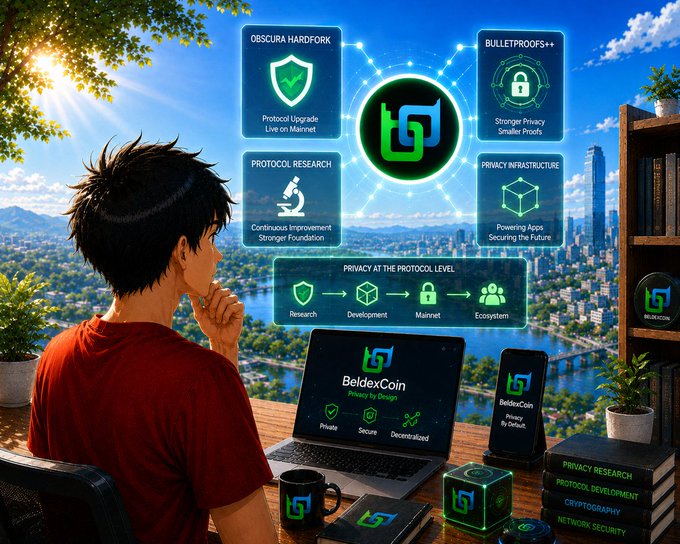An illustration of a person sitting at a desk with a laptop and phone displaying 'BeldexCoin' branding, with floating feature cards like 'OBSCURA HARDFORK', 'BULLETPROOFS++', 'PROTOCOL RESEARCH', and 'PRIVACY INFRASTRUCTURE' against a cityscape background.