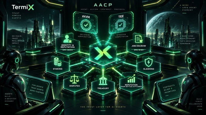 A futuristic infographic for TermiX AACP (Agent Action Contract Protocol) showing interconnected hexagonal nodes for Identity & Reputation, Job Escrow, Staking, Slashing, Disputes, Treasury, and Reputation, with the tagline 'The trust layer for AI agents.'