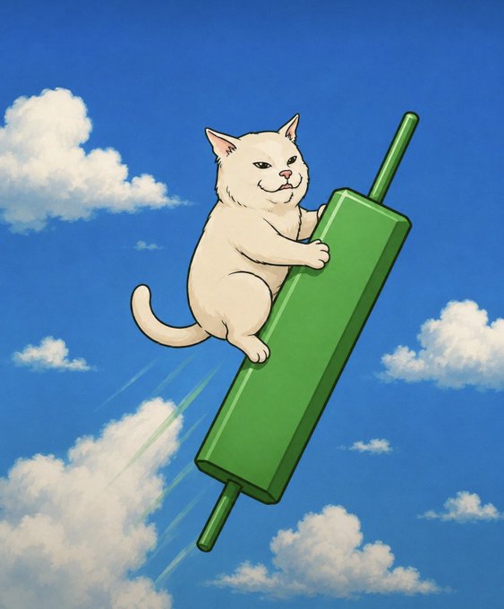 A smug white cat rides a green rolling pin soaring through a blue cloudy sky, visually embodying the "loading" rocket-like meme referenced in the caption. The image playfully reinforces the post's theme about $LMEOW and the "aura power" of cats.