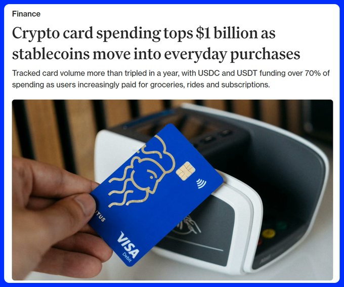 A news article titled 'Crypto card spending tops $1 billion as stablecoins move into everyday purchases', showing an image of a hand holding a blue Visa debit card near a payment terminal.