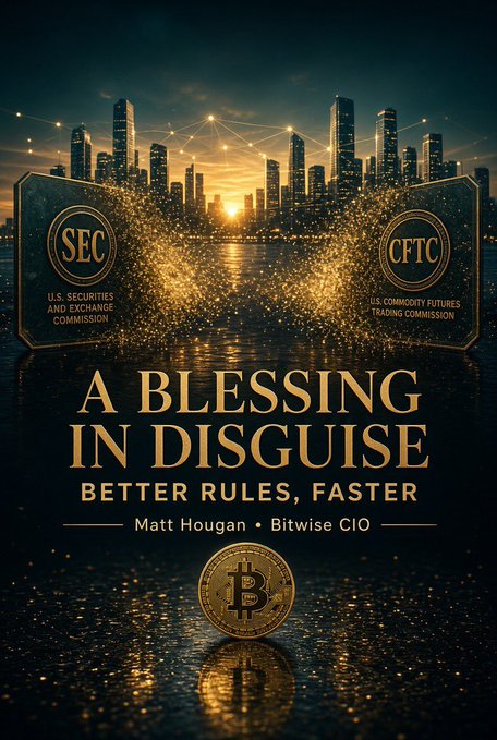 A promotional graphic with a cityscape at sunset displays logos for the SEC (U.S. Securities and Exchange Commission) and CFTC (U.S. Commodity Futures Trading Commission) with the text 'A BLESSING IN DISGUISE BETTER RULES, FASTER' and 'Matt Hougan • Bitwise CIO'.