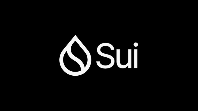 The image displays the Sui logo—a white water drop icon alongside the text "Sui"—on a black background. This matches the post announcing that the Sui Network ($SUI) is trending on CoinGecko.