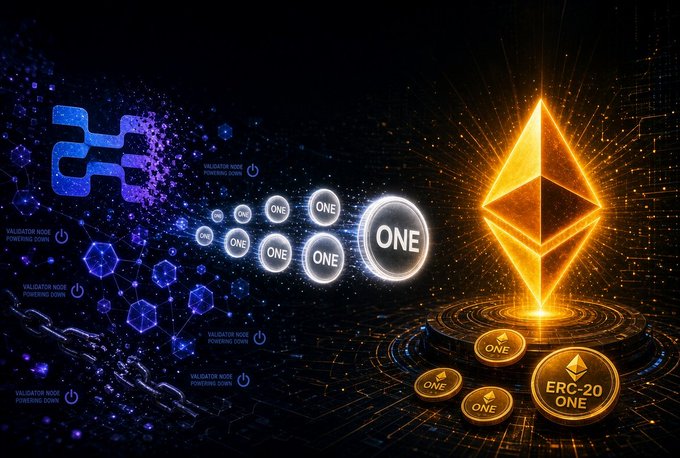 A digital illustration depicting a cryptocurrency conversion concept, showing the Harmony (ONE) token transforming into Ethereum (ETH) with ERC-20 tokens displayed.