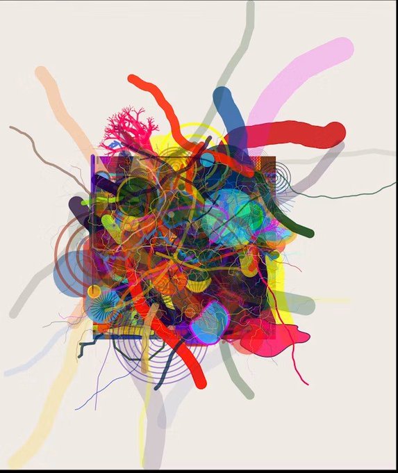 A vibrant abstract digital artwork featuring colorful swirling lines, splatters, and shapes in red, blue, yellow, and pink against a cream background.