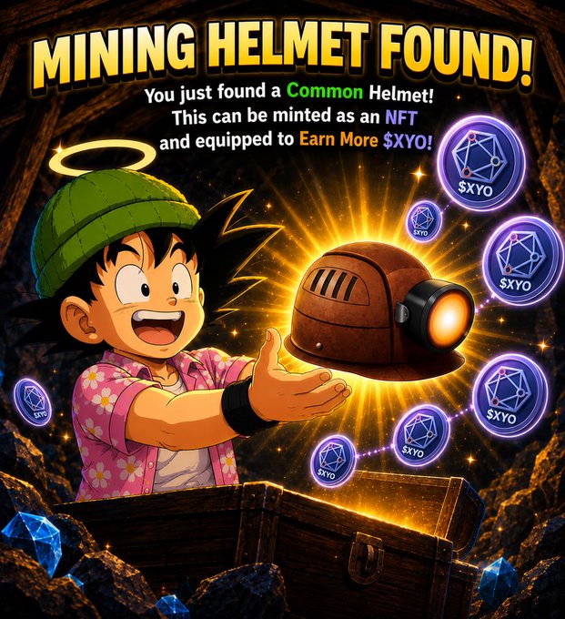 A promotional graphic announces 'MINING HELMET FOUND!' featuring an anime character holding a glowing helmet, with text explaining it can be minted as an NFT to earn more $XYO.