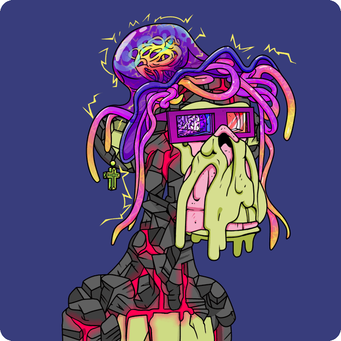 A colorful digital illustration of a surreal, totem-like figure with a purple jellyfish head containing a face, glowing yellow-green slime dripping down its middle, and a stone base against a dark blue background.
