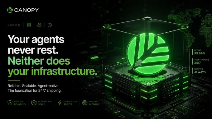 A dark-themed promotional graphic for Canopy features a glowing green logo and text reading 'Your agents never rest. Neither does your infrastructure,' alongside statistics like 'Uptime 99.99%' and 'Agents Online 24/7'.