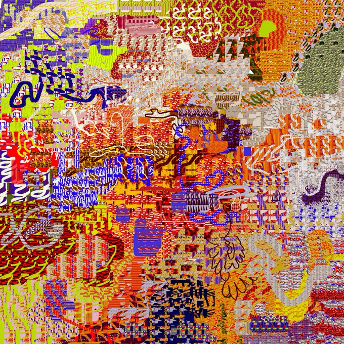 A vibrant, chaotic abstract digital artwork filled with bright colors, distorted text, and patterns.
