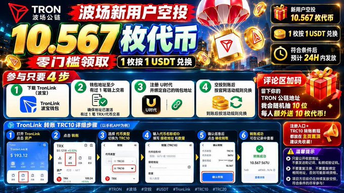 A promotional infographic in Chinese for a TRON (波场) airdrop offering 10.567 tokens, with steps detailing TronLink wallet setup, deposit of at least 1 TRX, registration on UB8, and claiming USDT rewards.
