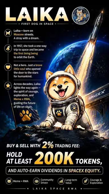 A promotional poster titled 'LAIKA - FIRST DOG IN SPACE' features a cartoon dog in an astronaut suit and mentions 'BUY & SELL WITH 2% TRADING FEE' and 'HOLD AT LEAST 200K TOKENS' for SpaceX equity dividends.
