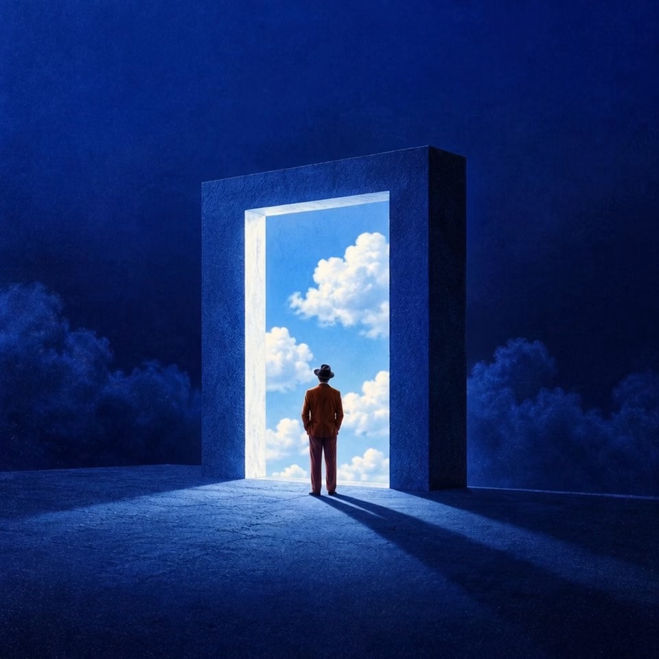 A lone figure in a hat stands before a massive stone doorway that opens onto a bright blue sky, stepping out of darkness into light. The image visualizes the post's message of "Out of legacy rails. Into the onchain future."—portraying the threshold moment of leaving old, shadowy financial systems behind and crossing into a new, transparent digital horizon.