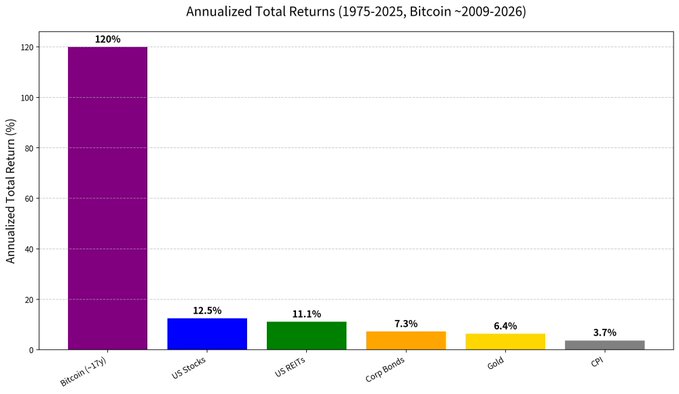 The image shows a bar graph with a purple bar labeled "Annualized Total Returns (1975-2005) - Bitcoin - 2006". The graph displays the annualized total returns of Bitcoin from 1975 to 2005, as well as the average annual return on bitcoin over that period. The graph also includes a line showing the total returns in 2006 compared to the previous year.