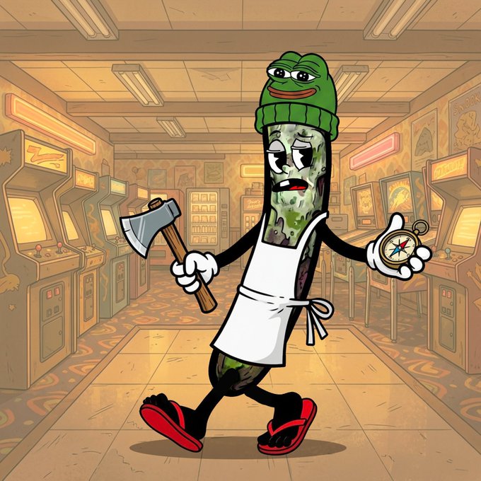 An animated cartoon depicts a disheveled pickle character wearing a green beanie and white apron, walking through an arcade while carrying an axe and a compass.