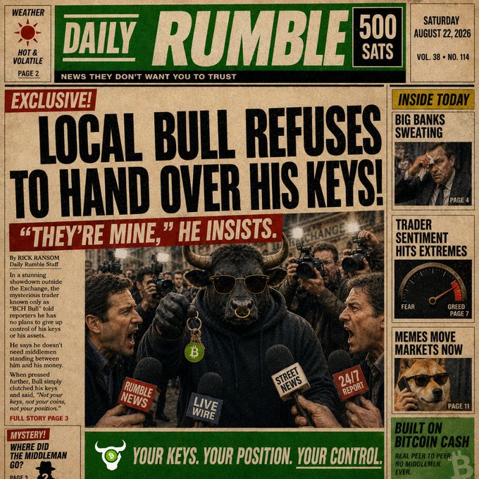 A Daily Rumble newspaper front page with the headline "LOCAL BULL REFUSES TO HAND OVER HIS KEYS!" featuring an image of a bull in sunglasses, dated Saturday August 22, 2026, with side stories including "BIG BANKS SWEATING" and "BUILT ON BITCOIN CASH."