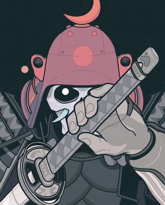 An illustration of an anime-style character wearing a red, stylized animal helmet with a crescent moon on top, holding a sword.