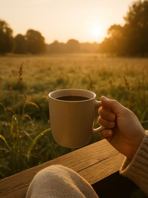 A hand holds a white ceramic mug of coffee against a serene sunset over a grassy field, with the person's sweatered arm resting on a wooden surface.
