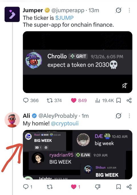 A screenshot of two tweets from Jumper (@jumperapp) and Ali (@AleyProbably) discussing crypto tokens and a super-app for onchain finance, with the ticker $JUMP highlighted.